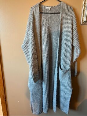 Topshop Light Gray Long Knit Dual Stitched Open-Front Cardigan